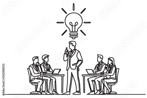 continuous one single black line art doodle hand drawing of Professional Entrepreneur pitching a business idea to investors illustration on white background