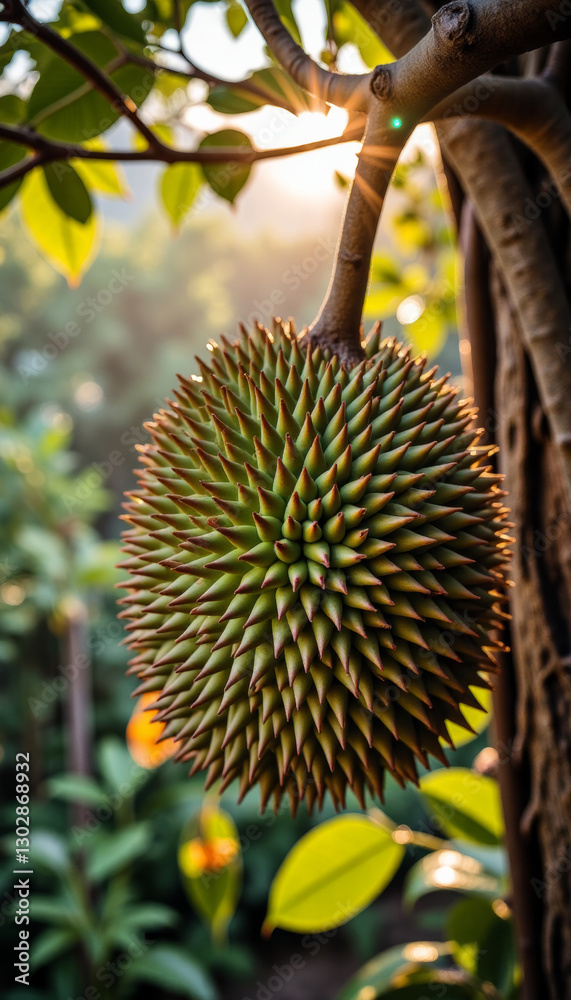 Close-up of durian fruit hanging from tree branch, illuminated by warm sunlight filtering through leaves. Nature and agriculture. Tropical fruits, exotic foods, or horticulture. Close-up of durian fruit hanging from tree branch, illuminated by warm sunlight filtering through leaves. Nature and agriculture. Tropical fruits, exotic foods, or horticulture.