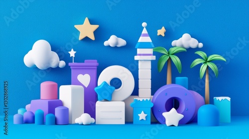 Colorful Abstract Geometric Landscape with Stars, Clouds, and Palms on Blue Background