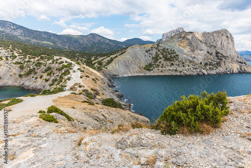 Views from the Golitsyn Trail - a mountain trail carved on the slope of Mount Koba-Kaya, located along the coastline southwest of the village of Novy Svet, Crimea, Russia