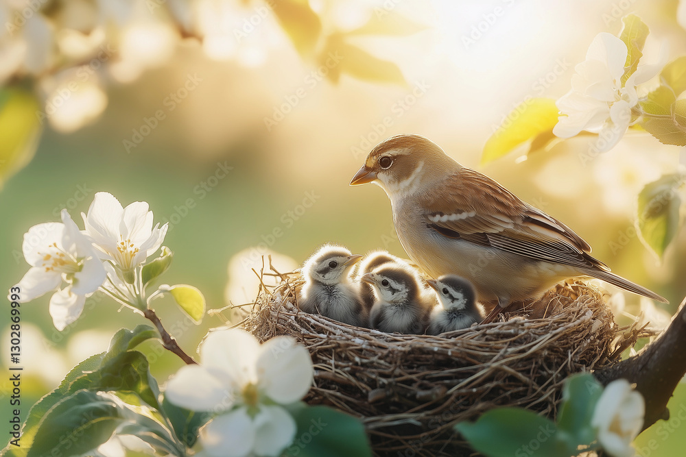 Fototapeta premium a bird is sitting on a nest with its babies in a tree with pink flowers and green leaves in the background