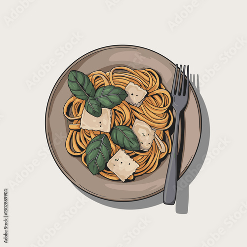 Illustrated Pasta Dish with Basil and Parmesan