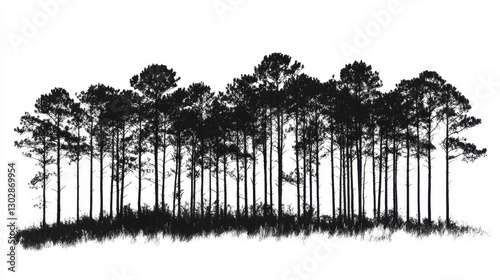 Silhouette of southern pine trees against white background, showcasing their tall and slender forms. image captures natural beauty and simplicity of forest scene