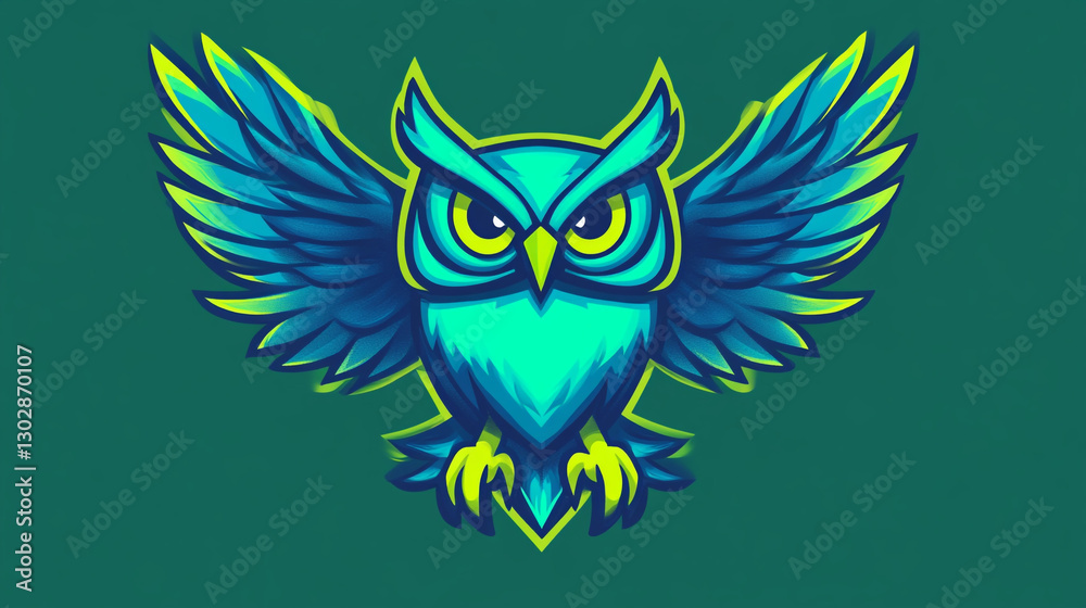 Fototapeta premium Vibrant Teal Owl with Spread Wings Digital Art Mascot Gaming Logo Design