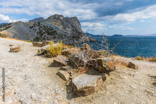 Views from the Golitsyn Trail - a mountain trail carved on the slope of Mount Koba-Kaya, located along the coastline southwest of the village of Novy Svet, Crimea, Russia