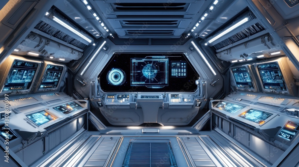 Obraz premium Futuristic Spaceship Bridge: Advanced Technology and Stellar Navigation