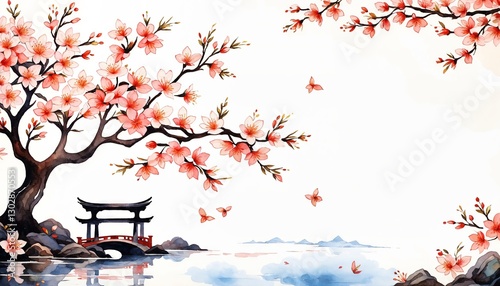 Watercolor painting of cherry blossoms with a Japanese bridge