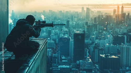 Urban Sniper: A City Skyline at Dawn