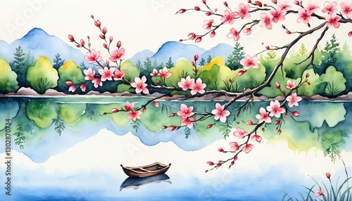 Watercolor painting of cherry blossoms over a tranquil lake
