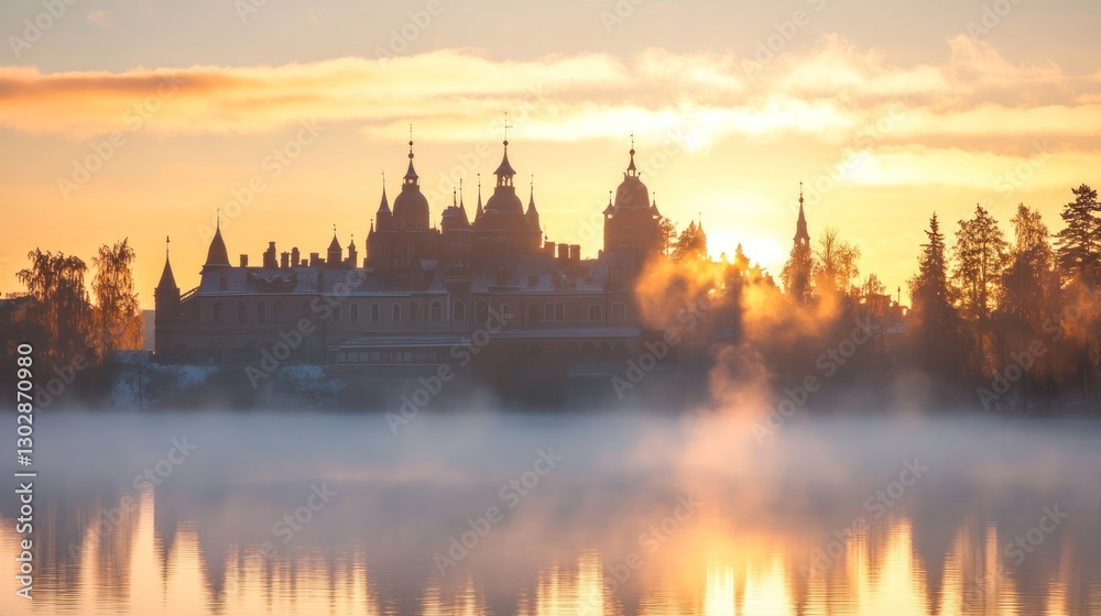 Obraz premium Mystical Castle Sunrise Reflections in Foggy Lake Landscape Scenery