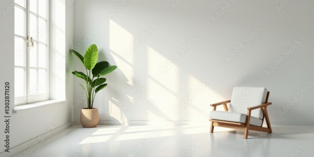 Fototapeta premium Serene Minimalist Interior Design Featuring a Comfortable Armchair and Lush Potted Plant Basking in Sunlight Through a Bright Window
