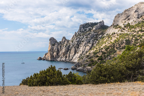 Views from the Golitsyn Trail - a mountain trail carved on the slope of Mount Koba-Kaya, located along the coastline southwest of the village of Novy Svet, Crimea, Russia