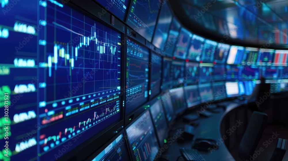 Fototapeta premium Multiple Monitors Displaying Financial Market Data in Trading Room