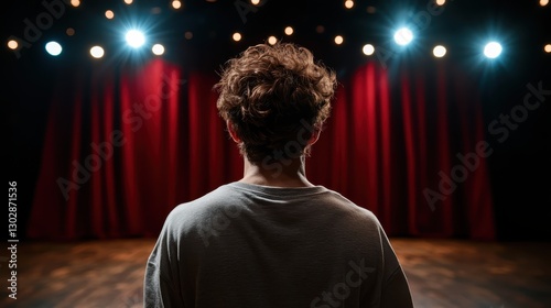 An evocative view of a performer facing the stage, embodying the emotions and thoughts that precede a live act in a dramatic, theatrical setting. photo