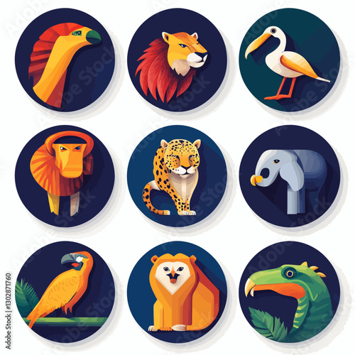 Colorful Animal Icon Set: Lion, Elephant, Leopard, Parrot and More. photo