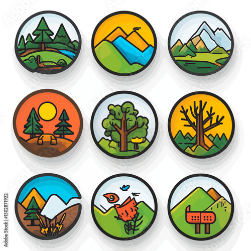 Nature Landscape Icon Set with Trees, Mountains, and Seasonal Variations