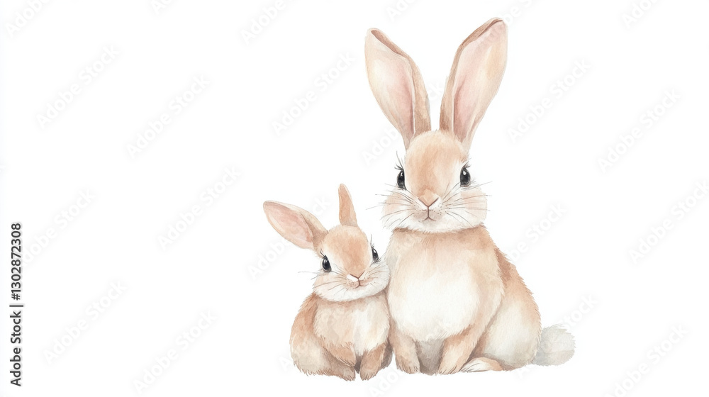 Obraz premium watercolor illustration of mama bunny with her baby, showcasing their soft fur and gentle expressions. artwork captures tender bond between two rabbits, set against white background