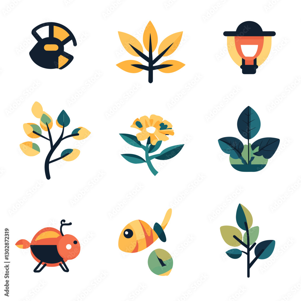 Fototapeta premium Stylized Plant and Animal Icon Set with Flower, Fish, and Lantern Design