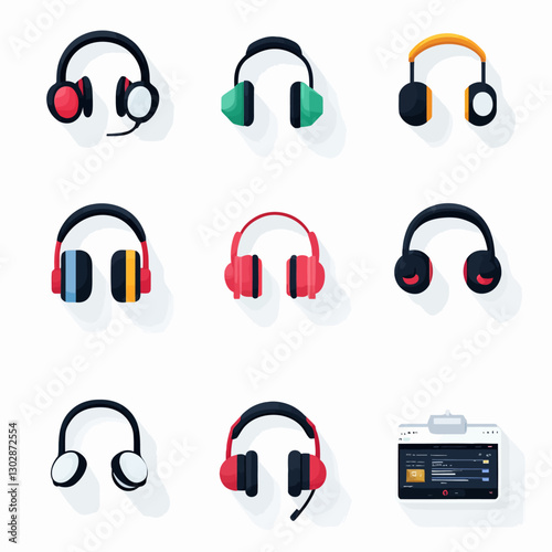Diverse headphones collection on white background for music and podcasting