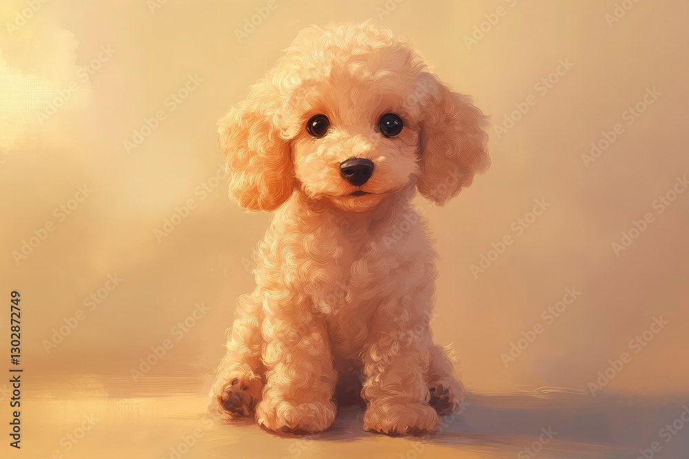 A cute beige poodle sitting gracefully, The dog has big, expressive eyes and a playful, charming expression, with soft, curly fur detailed in a whimsical A cute beige poodle sitting gracefully, The dog has big, expressive eyes and a playful, charming expression, with soft, curly fur detailed in a whimsical