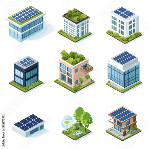 Isometric eco buildings with solar panels, green roofs concept design