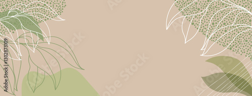 Abstract art background with leaf outlines and abstract organic shapes. Soft green and beige tones create natural, elegant, and minimalistic design. Vector illustration