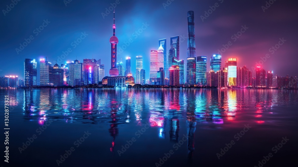 Fototapeta premium Night Lights of Shanghai Skyline: A Vibrant Cityscape Reflection