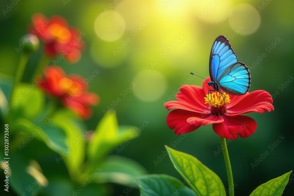 Serene Blue Butterfly Resting on Vibrant Red Zinnia in a Lush Garden Serene Blue Butterfly Resting on Vibrant Red Zinnia in a Lush Garden