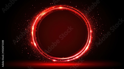 Glowing Red Circle Frame with Glittering Particles on Dark Background