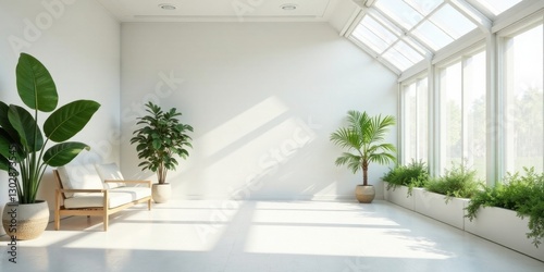 Serene Minimalist Living Room Design with Abundant Natural Light and Lush Greenery