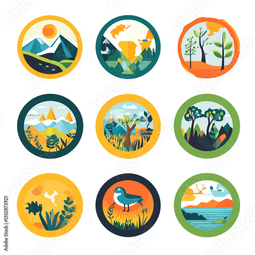 Colorful Nature Scene Icons Featuring Mountain, Water, Flora, and Fauna