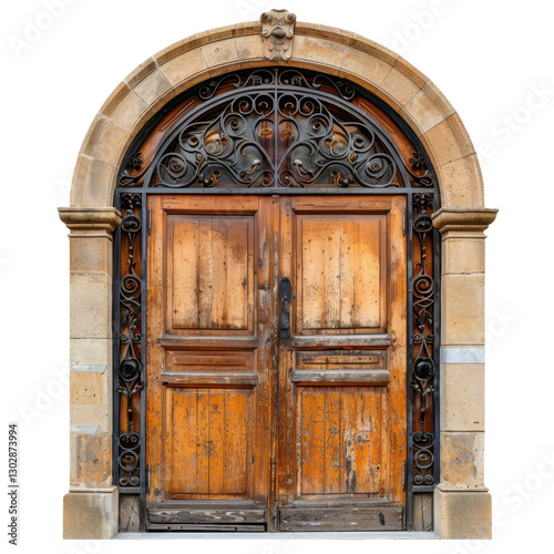 rustic wooden door with ornate metalwork, featuring curved arch and intricate designs, exuding vintage charm. Perfect for architectural and historical themes
