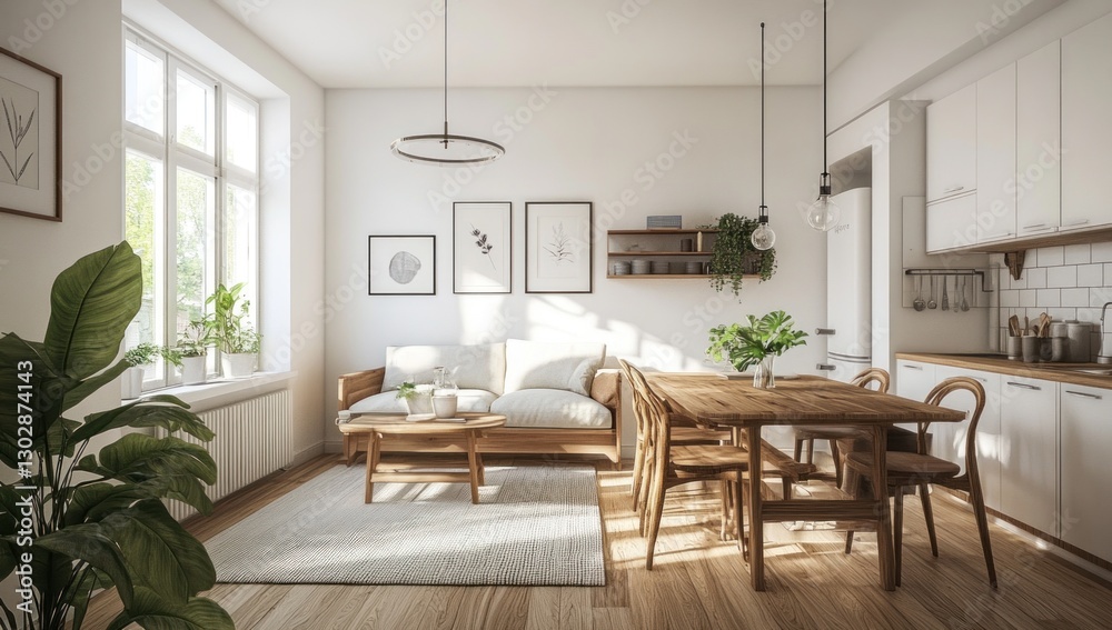 Fototapeta premium Sunlit minimalist apartment with wooden dining area and comfy sofa.