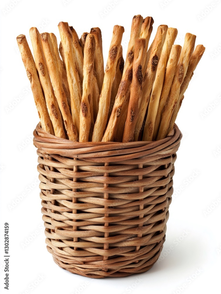 Grissini standing in wicker basket on white background Grissini standing in wicker basket on white background