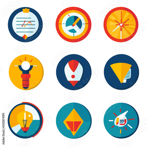 Abstract business icons representing data analysis, strategy, and ideas