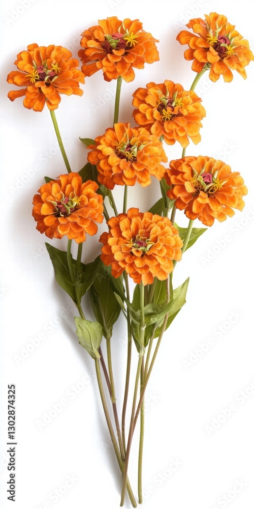 Obraz premium Vibrant Orange Zinnia Flowers with Green Leaves on White Background
