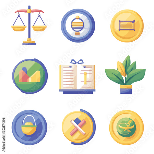 Law, Balance, Global Education, and Sustainable Growth Vector Icons Set