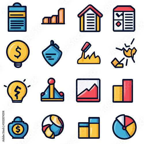 Business and finance icon set, data analysis, and marketing elements