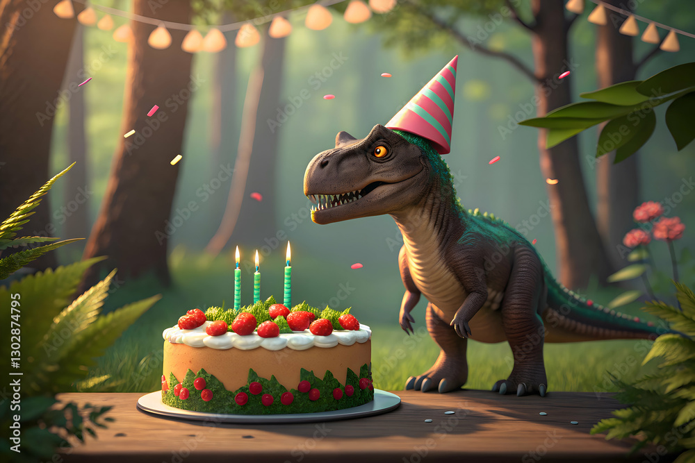 Obraz premium Exciting dinosaur themed birthday party with a T Rex wearing a party hat