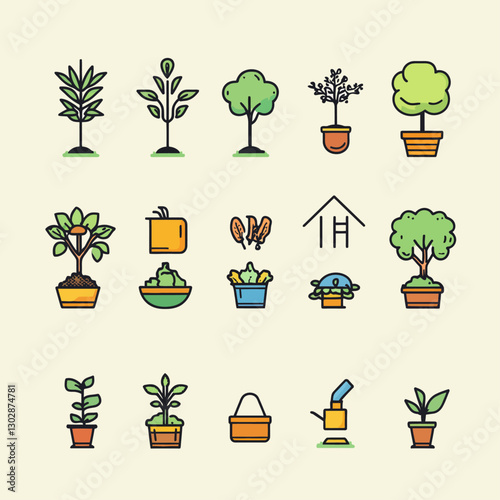 Diverse garden plants and tools icon set with outline style art