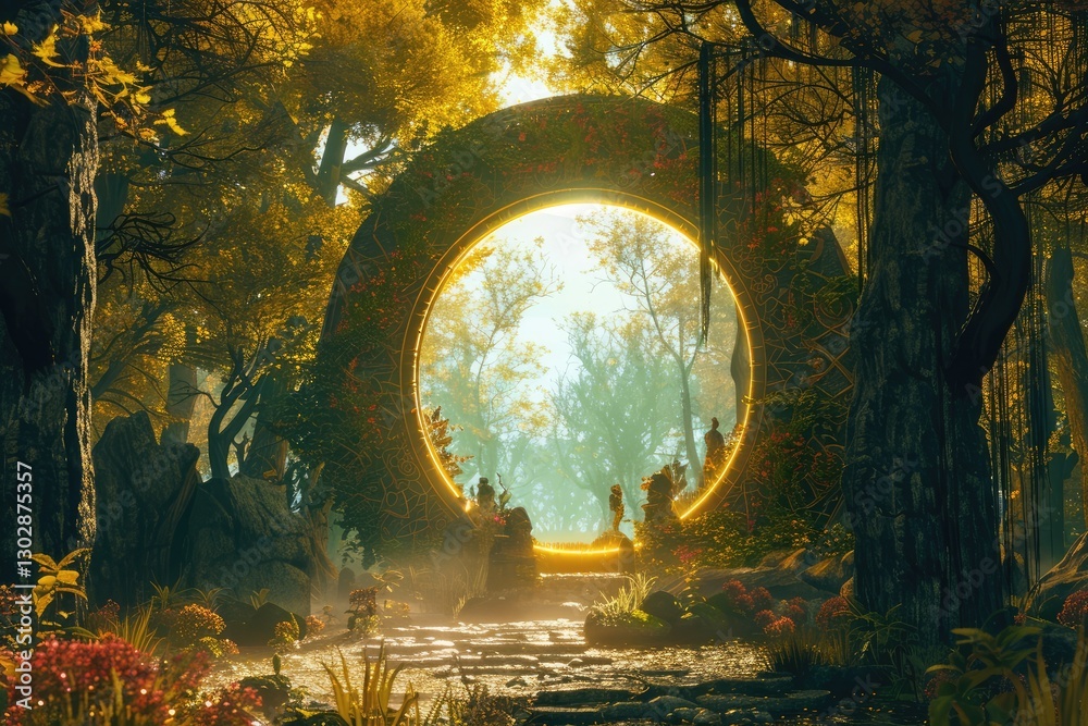 Enchanted forest portal surrounded by lush greenery and mystical light, inviting exploration and adventure Enchanted forest portal surrounded by lush greenery and mystical light, inviting exploration and adventure