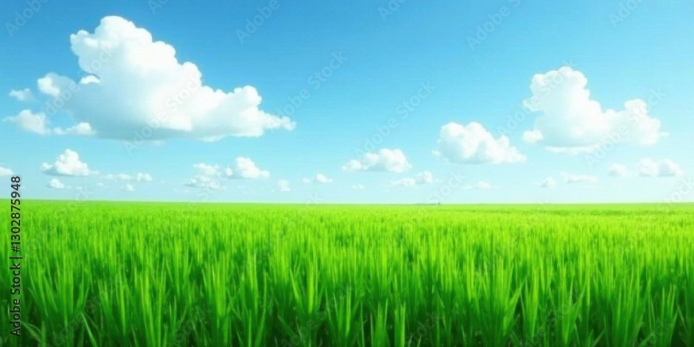 Serene Landscape Featuring a Vast Expanse of Lush Green Grass Under a Bright Blue Sky Adorned with Fluffy White Clouds Serene Landscape Featuring a Vast Expanse of Lush Green Grass Under a Bright Blue Sky Adorned with Fluffy White Clouds