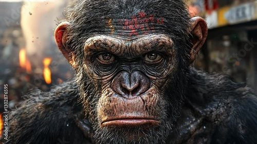 Intelligent apes thrive in a decaying human metropolis, showcasing a unique blend of nature and civilization's remnants.