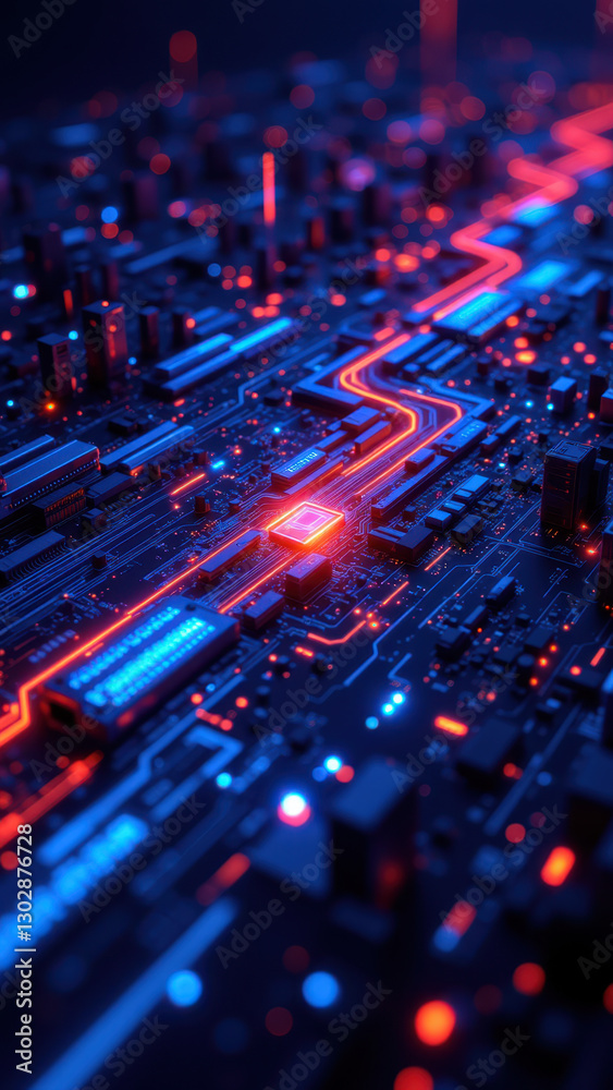 Obraz premium A vibrant close-up of a computer motherboard with blue and red lights, representing the interconnected technology of modern systems.