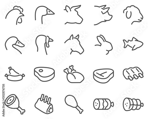Simple set of meat vector icons. Contains icons such as pork, beef, goose, rabbit, duck, horse, turkey, fish and more.