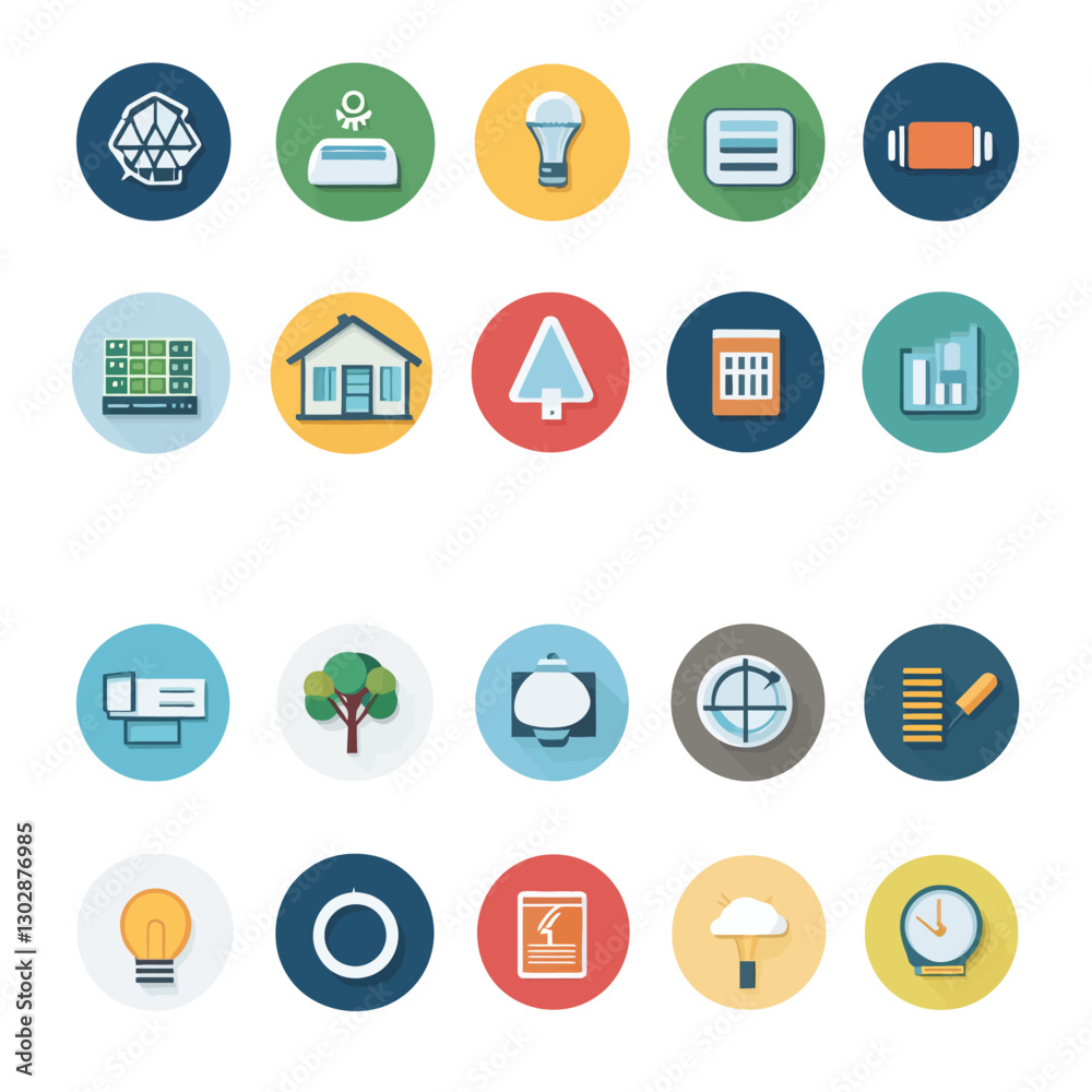 Flat Design Icon Set Depicting Modern Business Technology and Environment Flat Design Icon Set Depicting Modern Business Technology and Environment