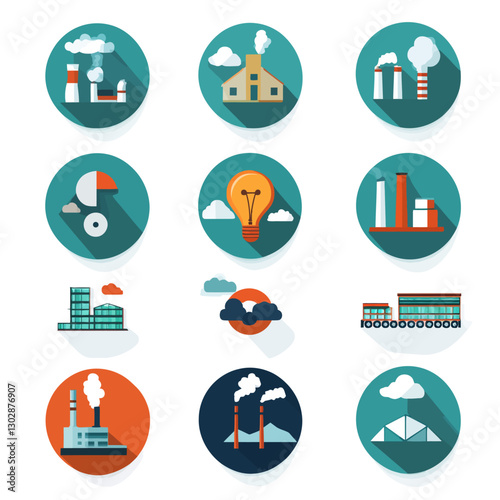 Industry Icons Set: Factories, Buildings, Power Plant, Energy Concept