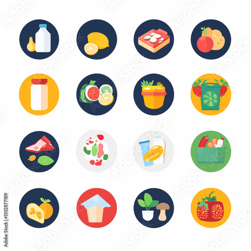Flat vector food icons on a blue background for website or mobile app