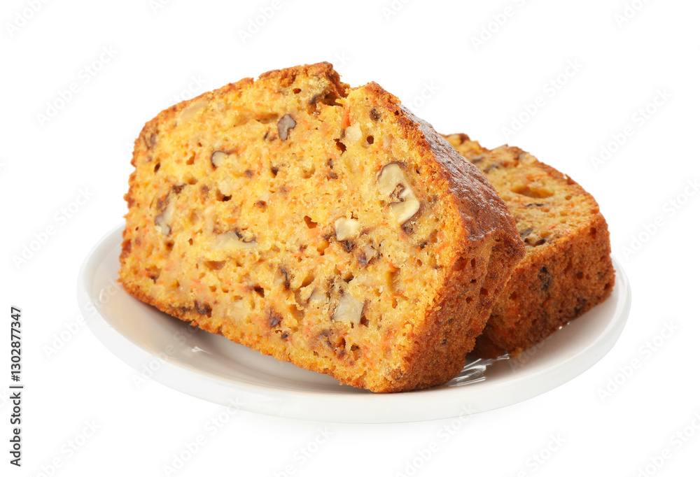 Cut homemade carrot cake with nuts isolated on white Cut homemade carrot cake with nuts isolated on white