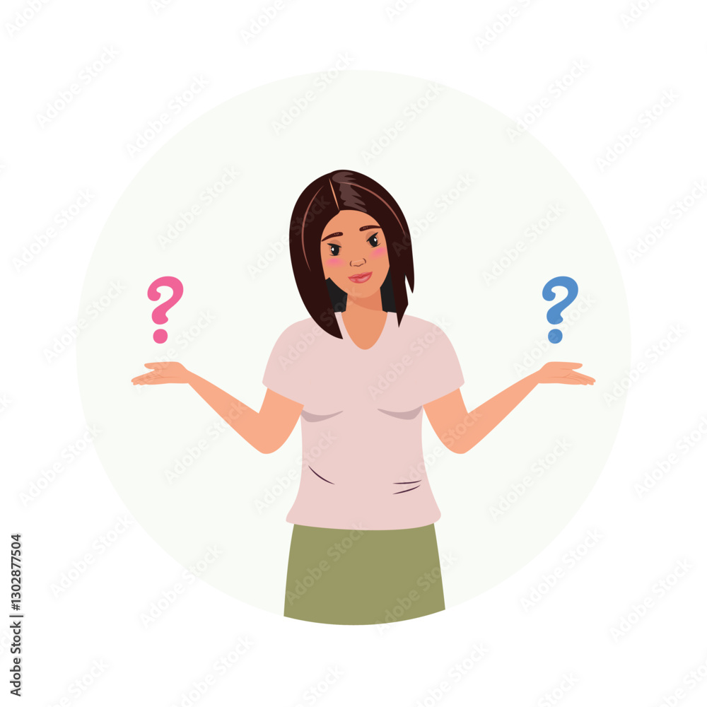 Illustration of a woman with hands open, questioning or thinking, with question marks above her palms Illustration of a woman with hands open, questioning or thinking, with question marks above her palms
